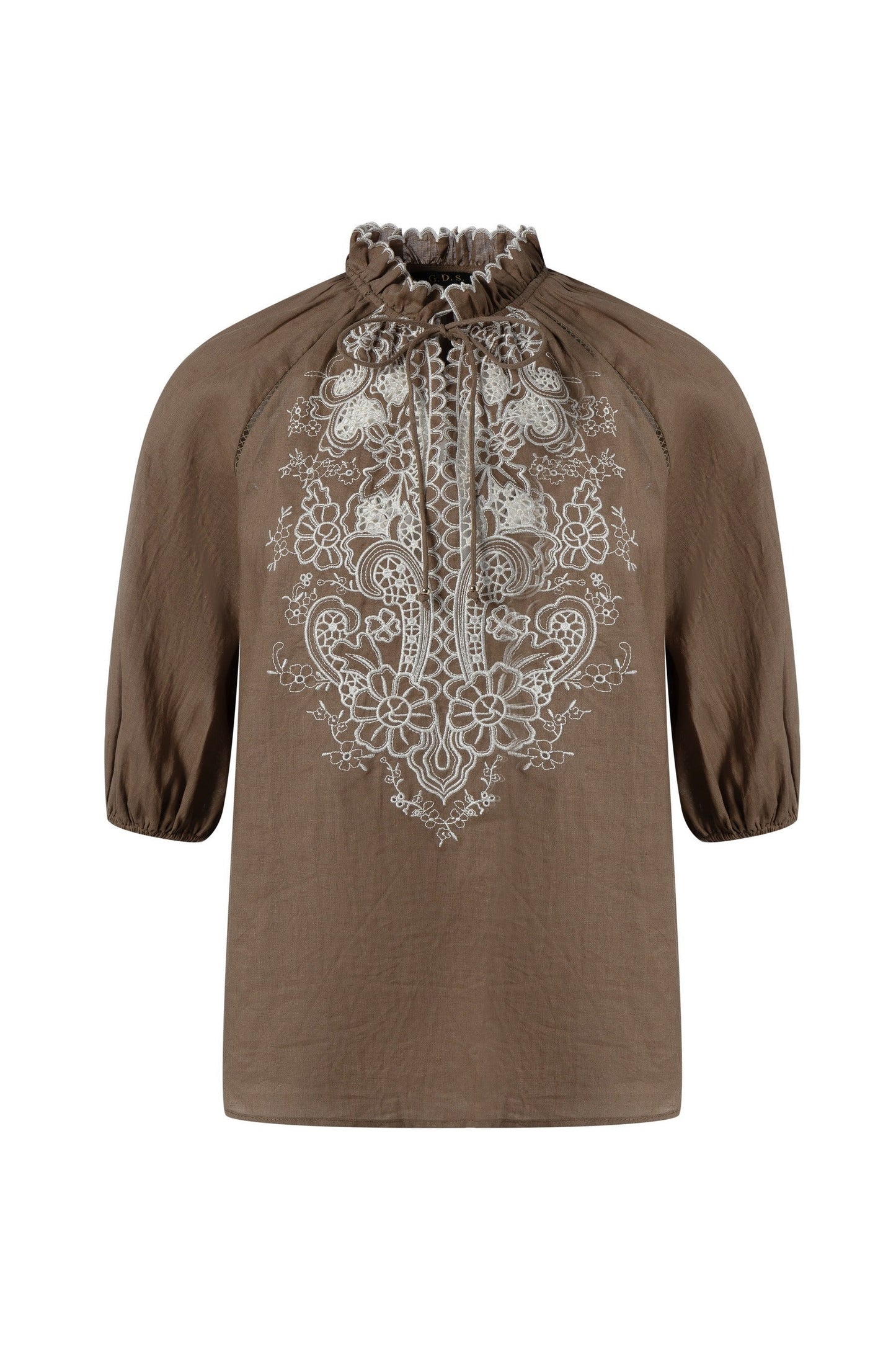 "Brown embroidered blouse with floral lace details shown on a white background."