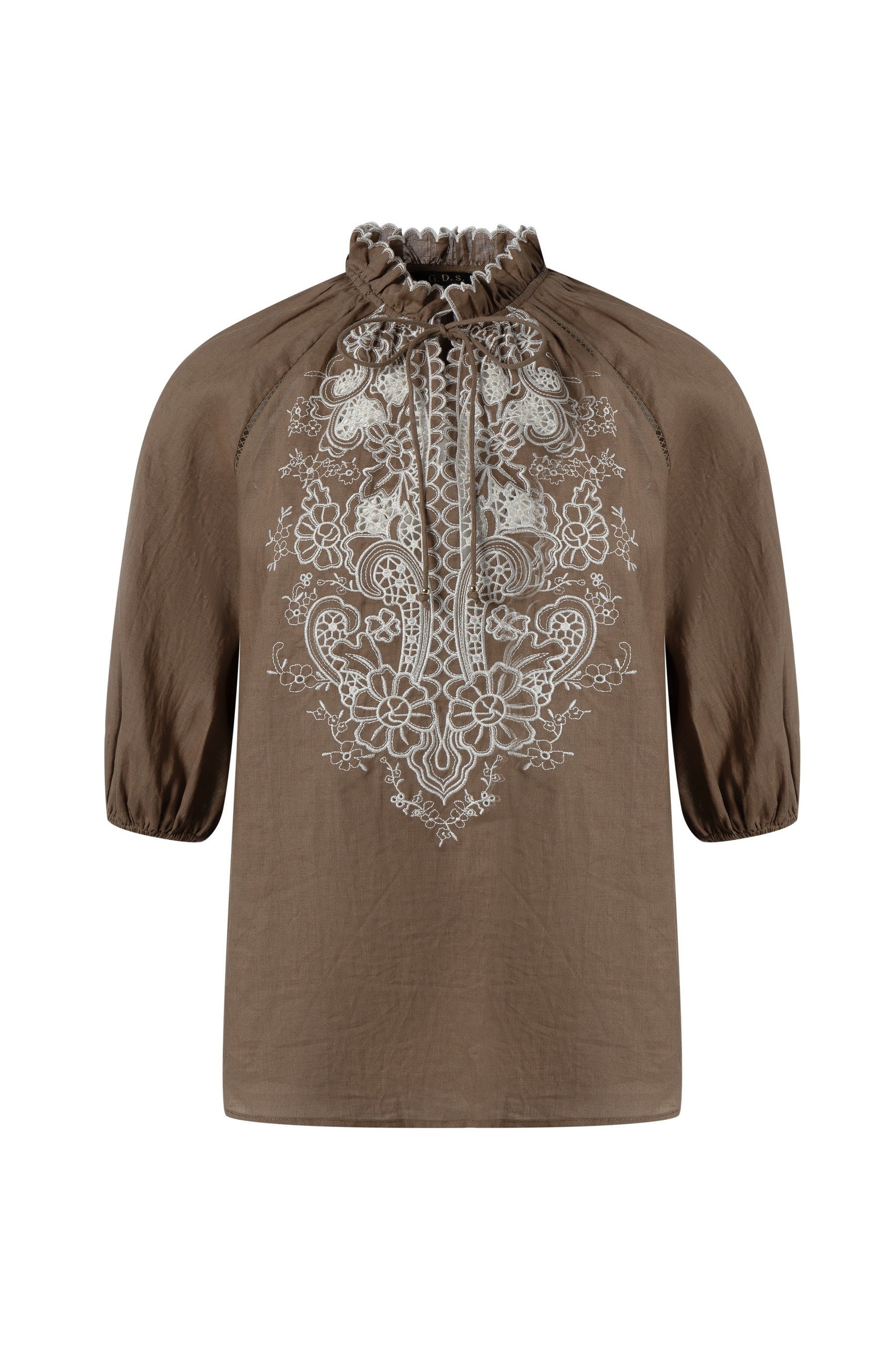 "Brown embroidered blouse with floral lace details shown on a white background."