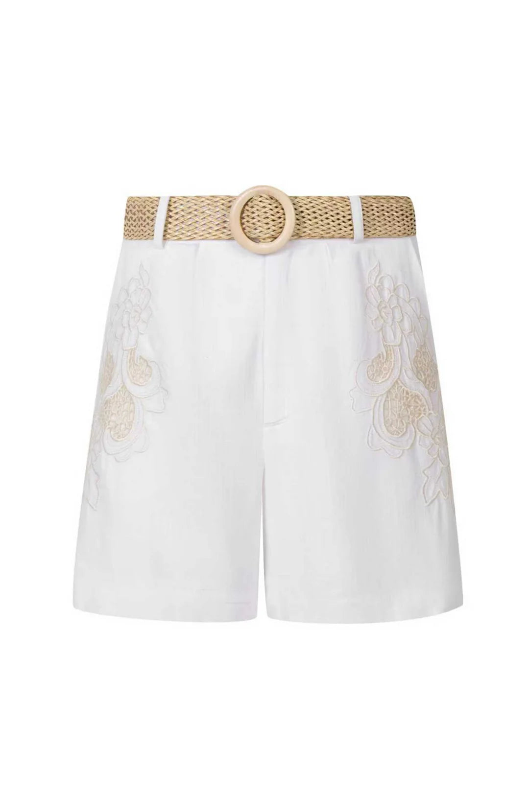 “White embroidered shorts with a beige woven belt, front view on a white background.”