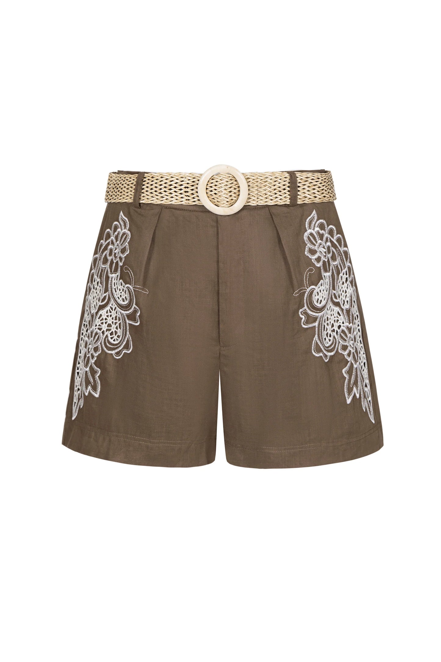 “Brown embroidered shorts with white floral lace details and a beige woven belt on a white background.”