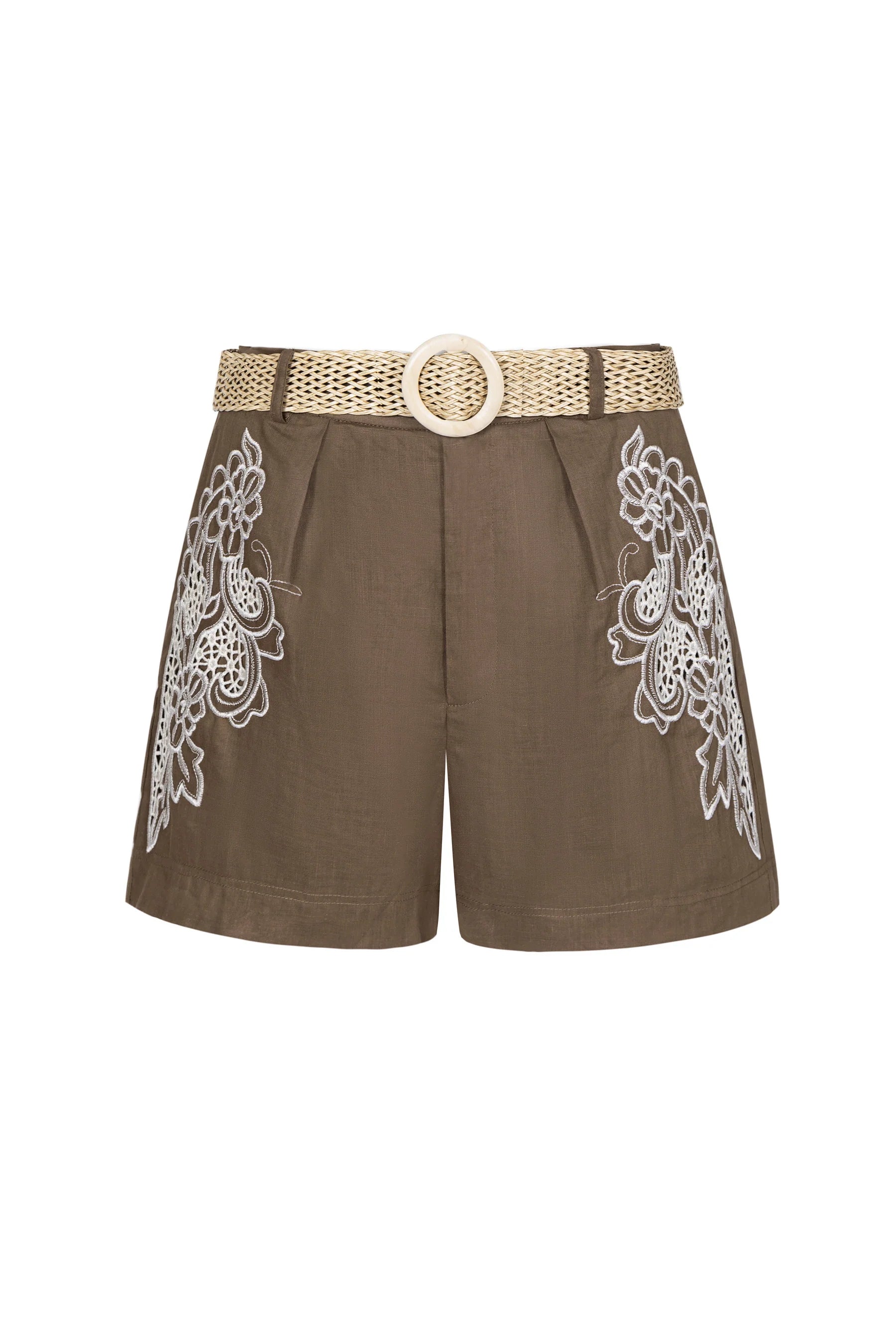 “Brown embroidered shorts with white floral lace details and a beige woven belt on a white background.”