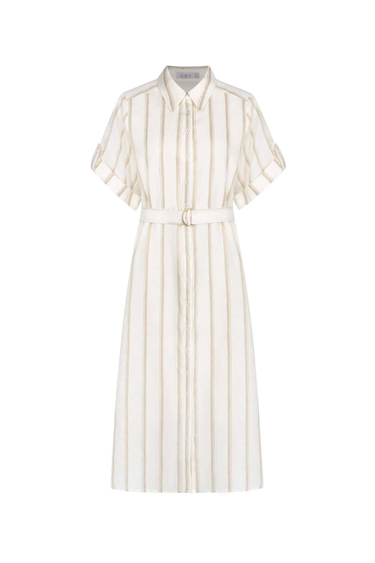 An off-white and beige vertically striped shirt dress with short sleeves, a pointed collar, and a matching fabric belt with a gold-tone buckle, shown on a plain white background.