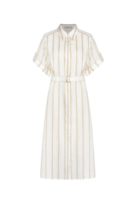 An off-white and beige vertically striped shirt dress with short sleeves, a pointed collar, and a matching fabric belt with a gold-tone buckle, shown on a plain white background.