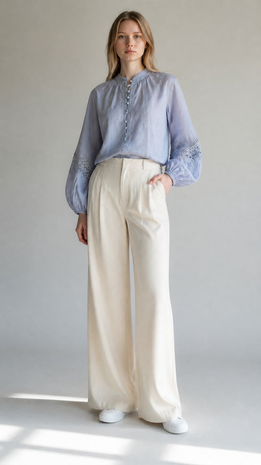 Meissen 100% Linen Blouse in Blue, Front View