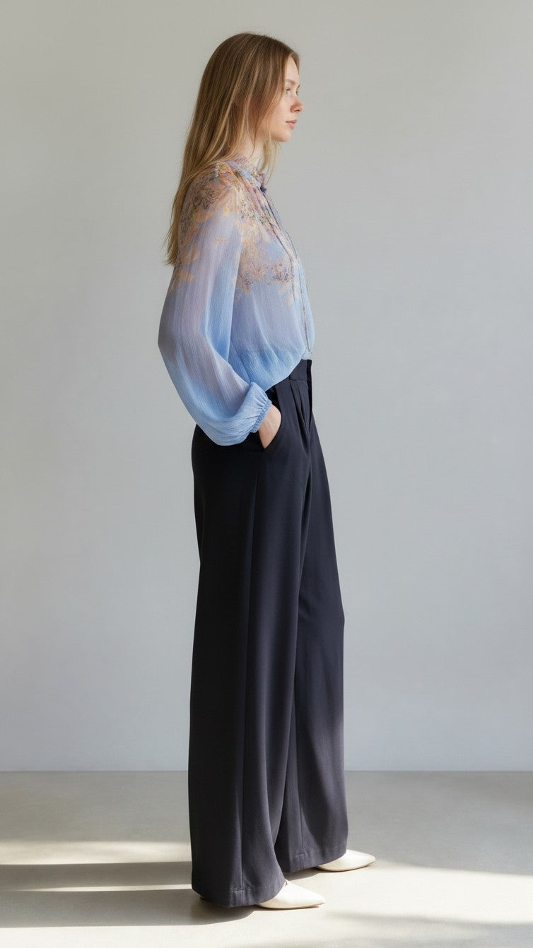 Luna Printed 100% Silk Blouse, side view.
