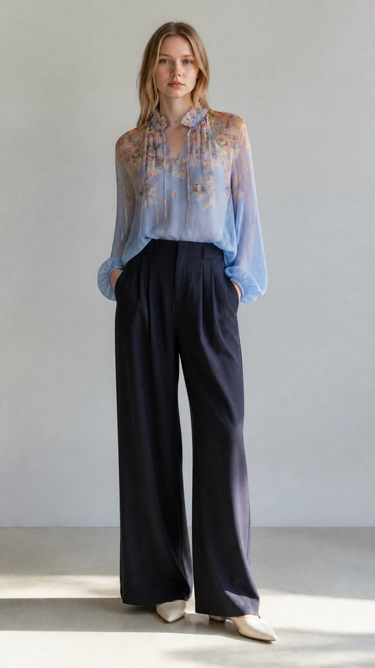 Luna Printed 100% Silk Blouse in Blue Floral Print, front view.
