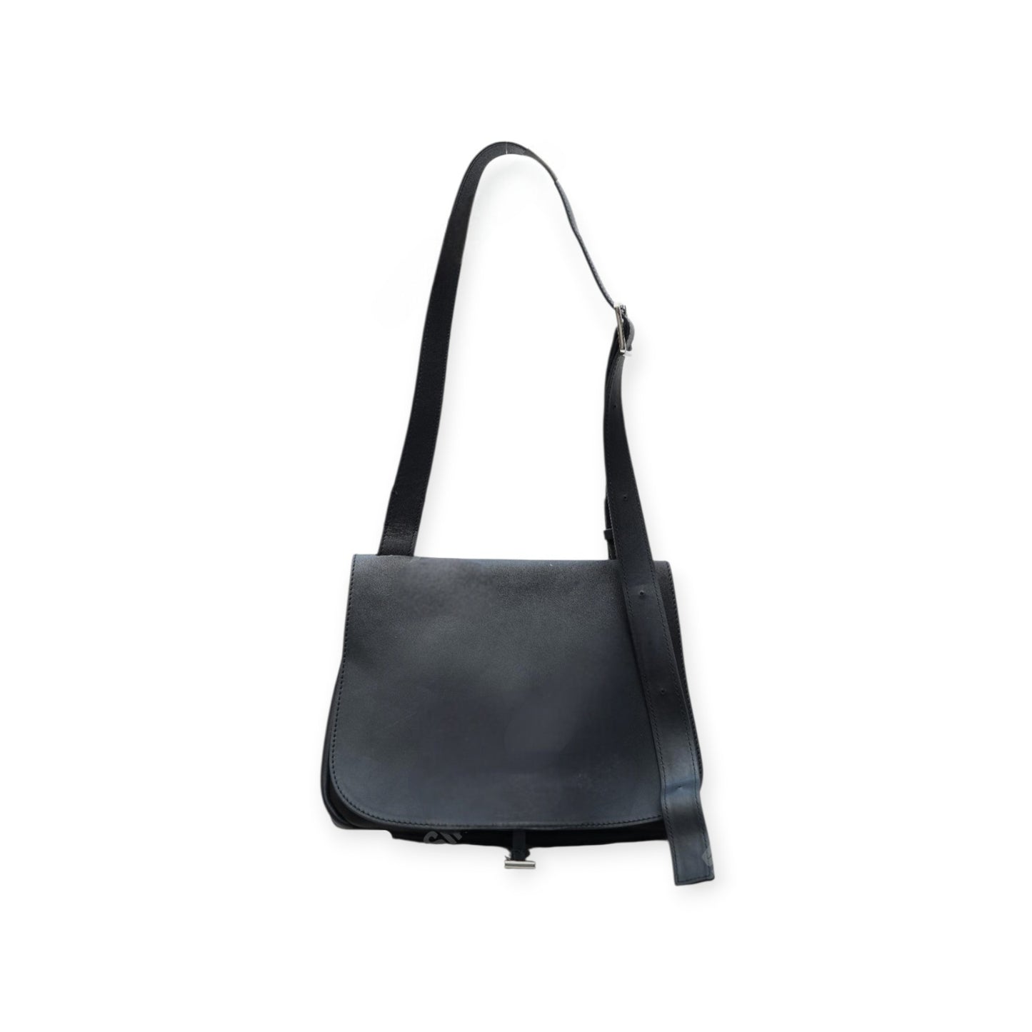 Black leather crossbody bag, front view on white background