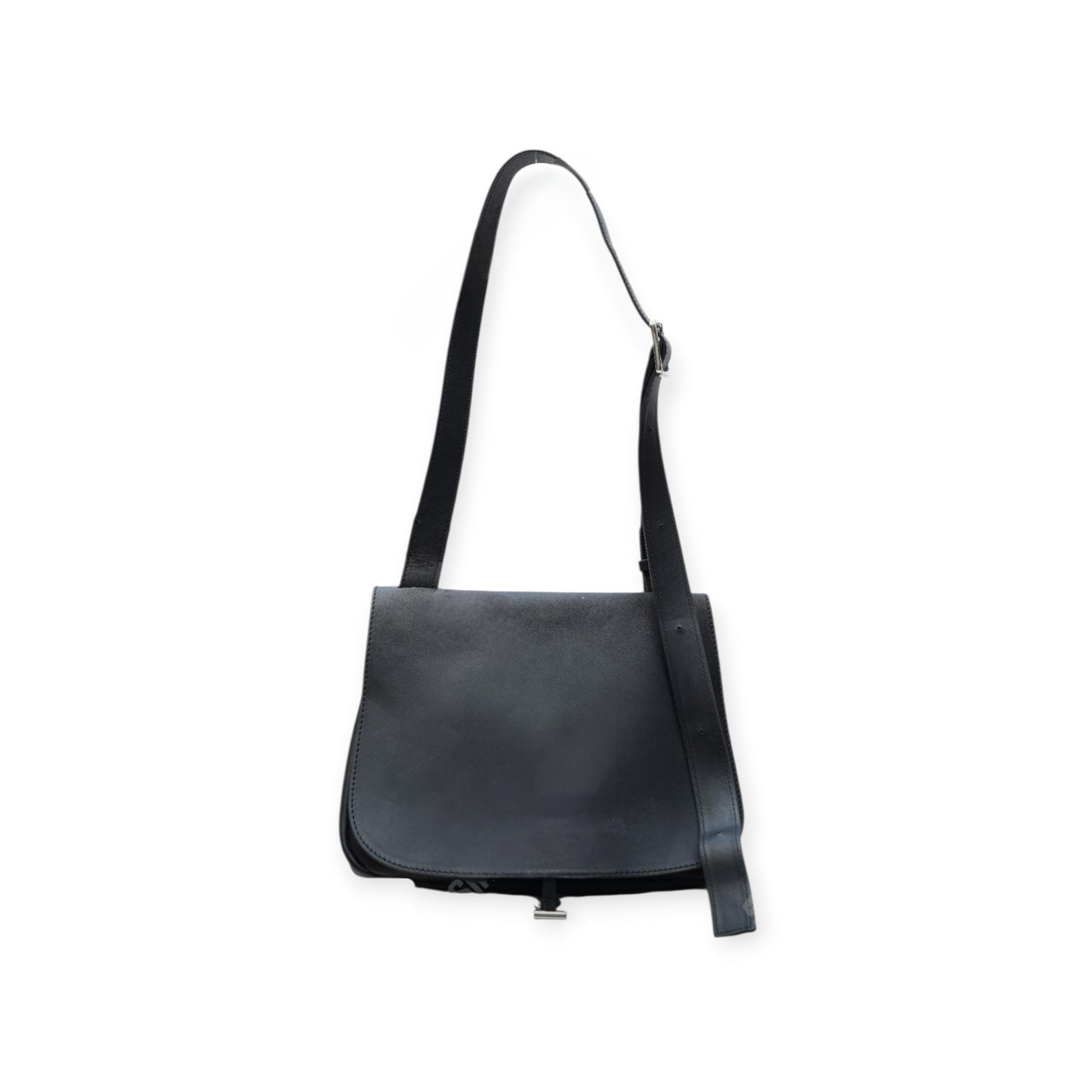 Black leather crossbody bag, front view on white background