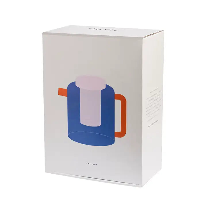 White product box featuring an illustration of the blue Cha Pot with a pink infuser and orange handle on a white background