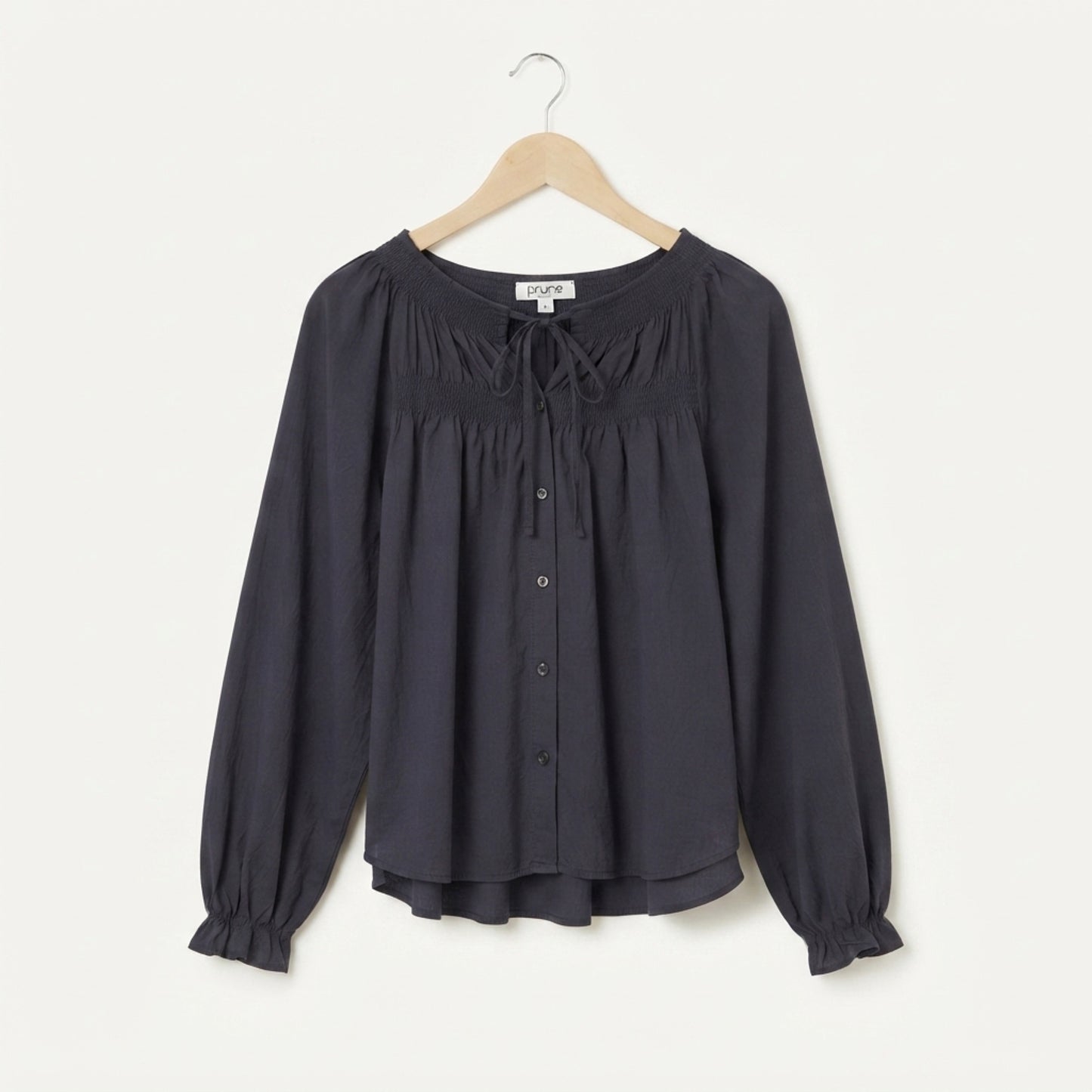 Navy cotton gathered blouse front view