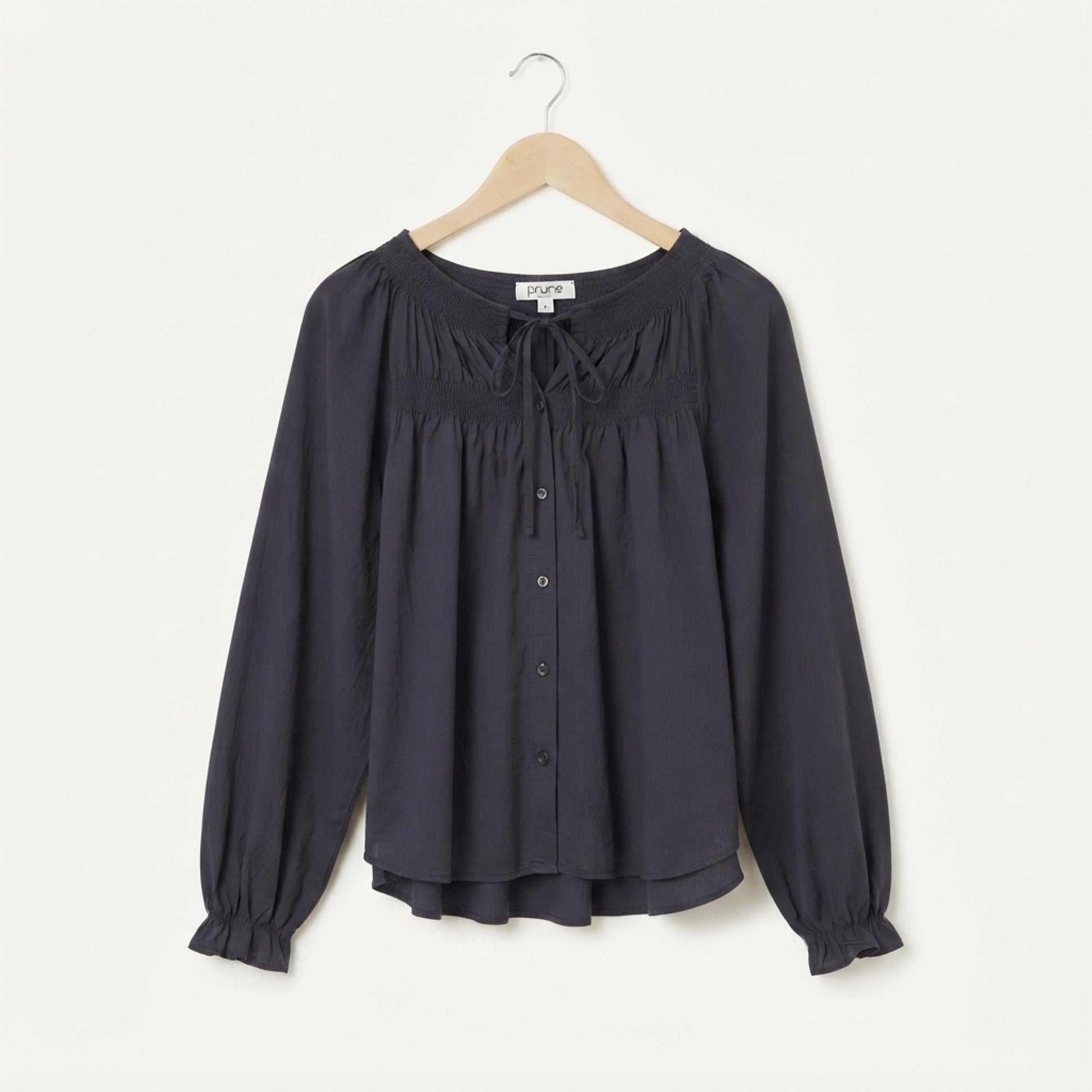 Navy cotton gathered blouse front view