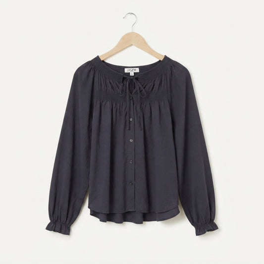 Navy cotton gathered blouse front view