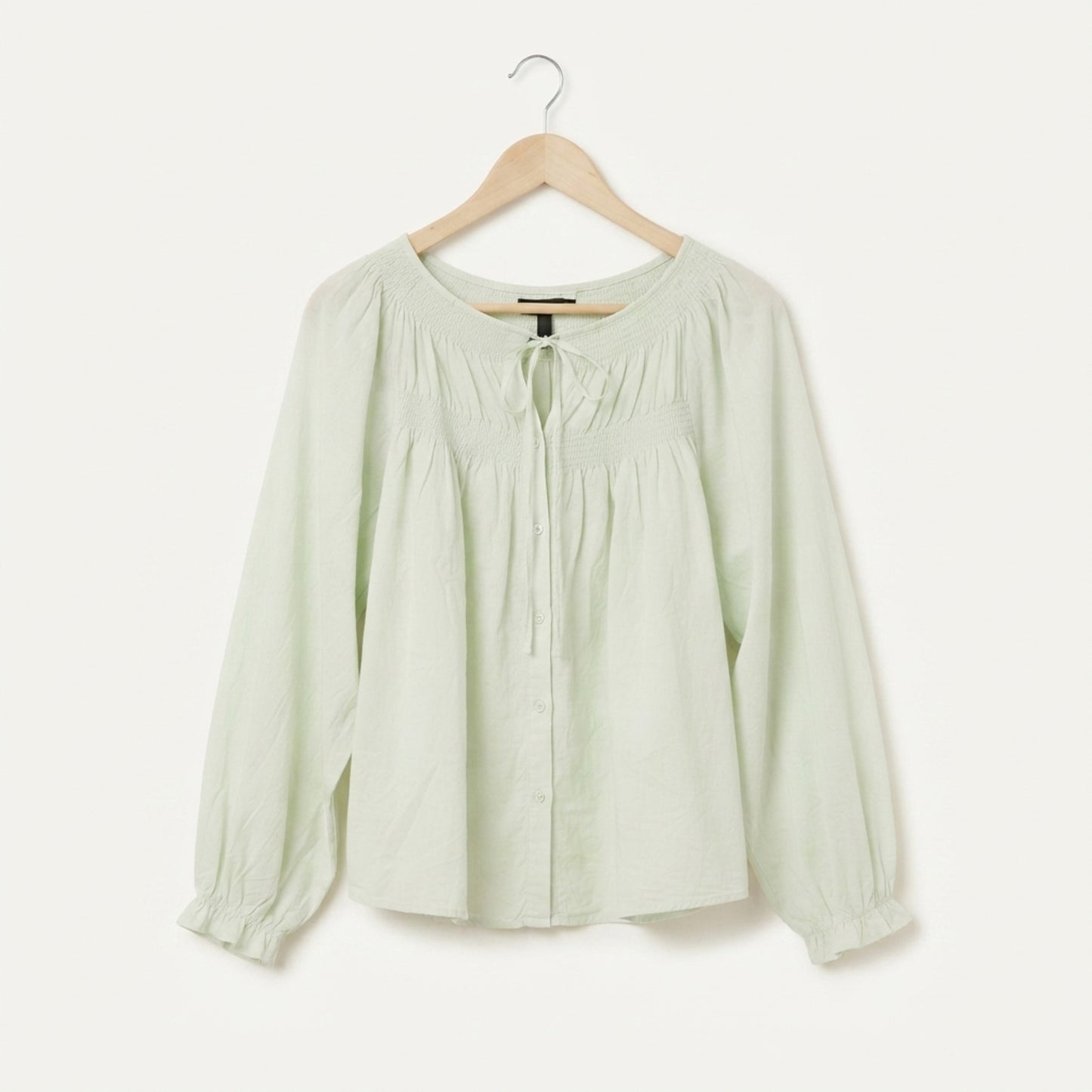 Light green cotton gathered blouse front view