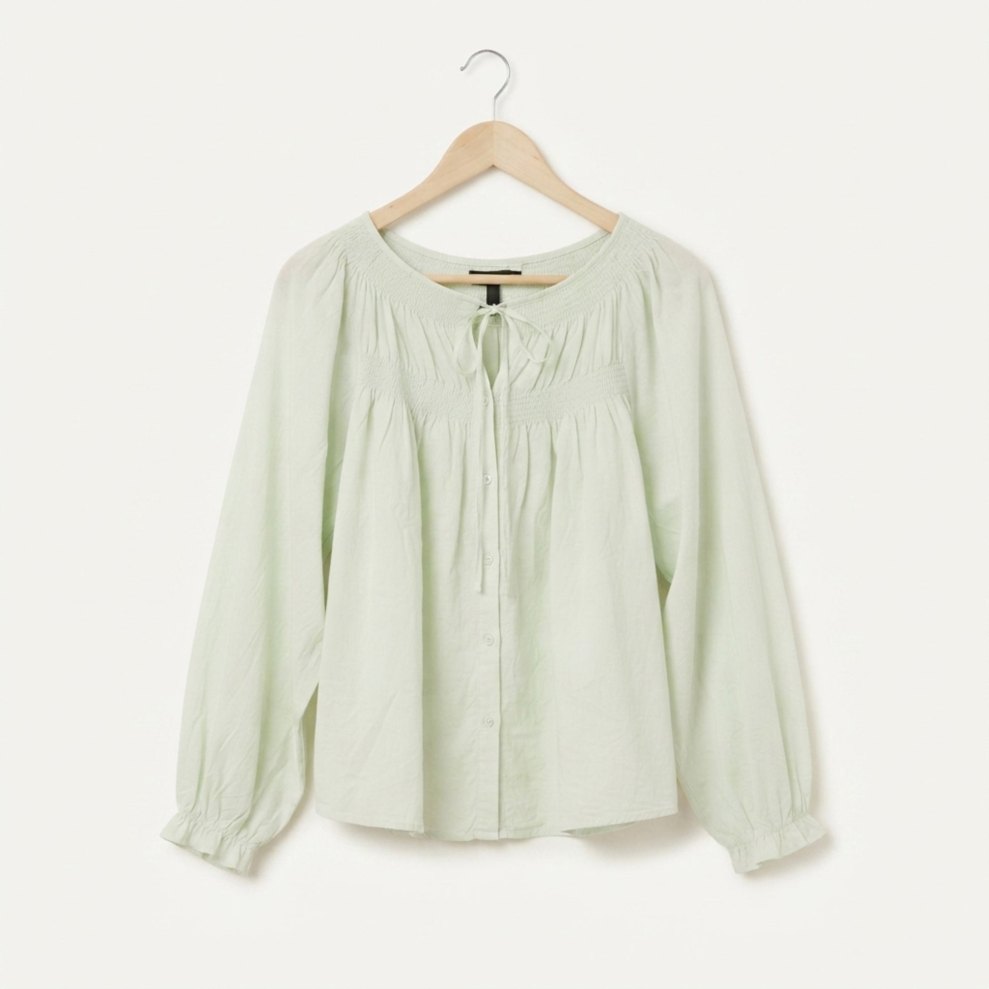 Light green cotton gathered blouse front view
