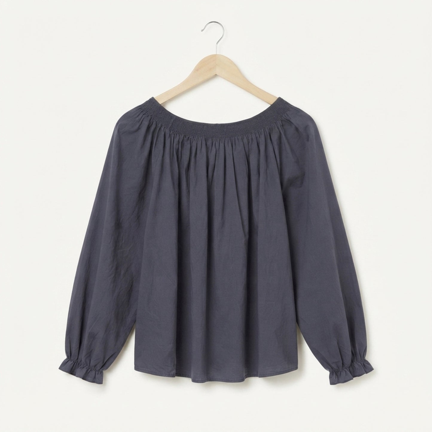 Navy cotton gathered blouse back view
