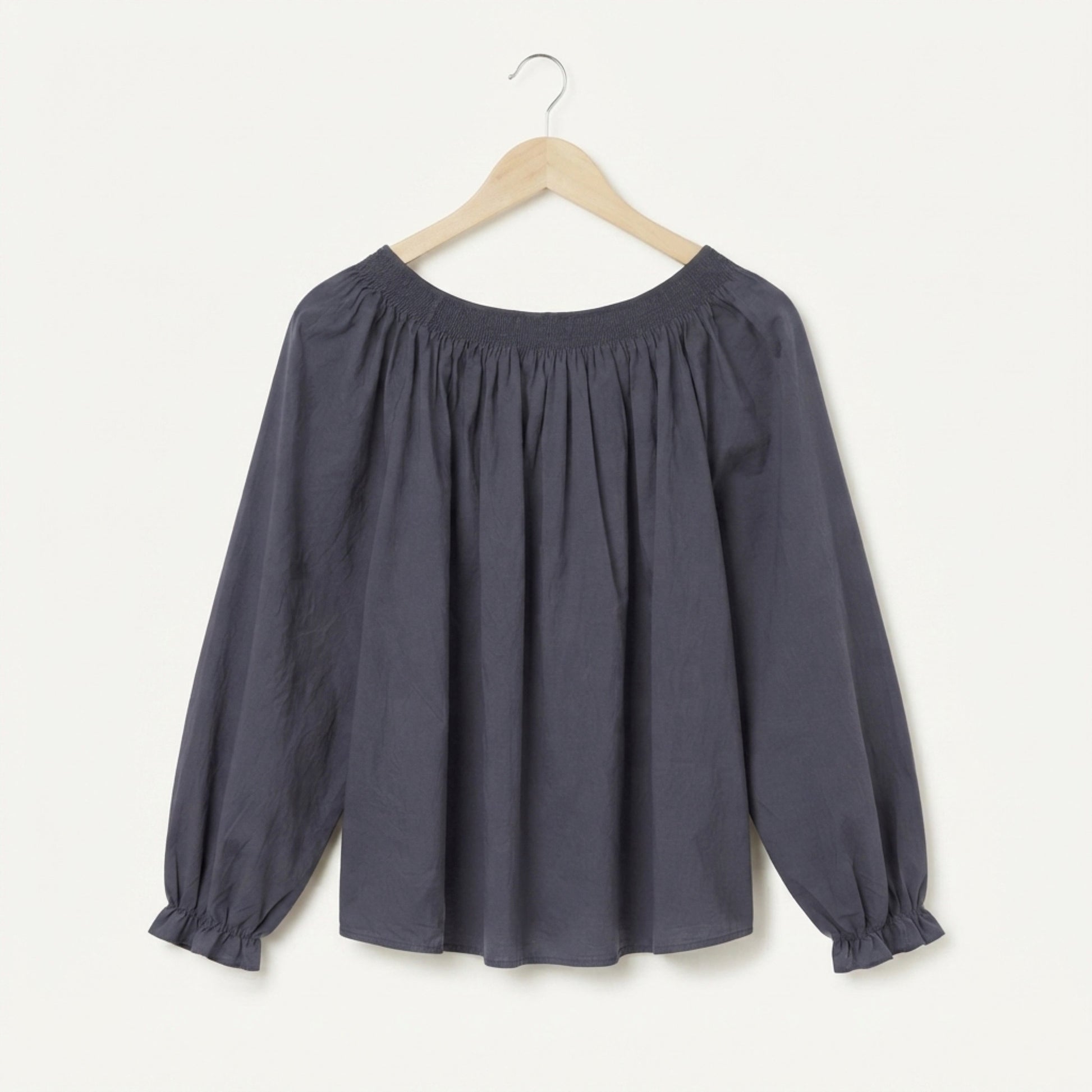 Navy cotton gathered blouse back view