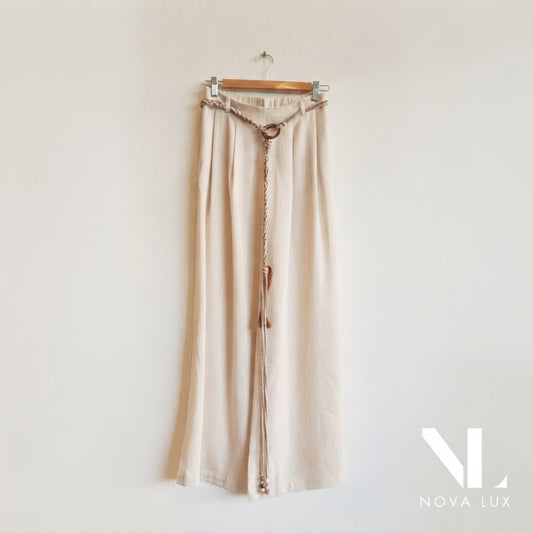 Cream TENCEL™ wool blend wide leg pants with belt by Nova Lux