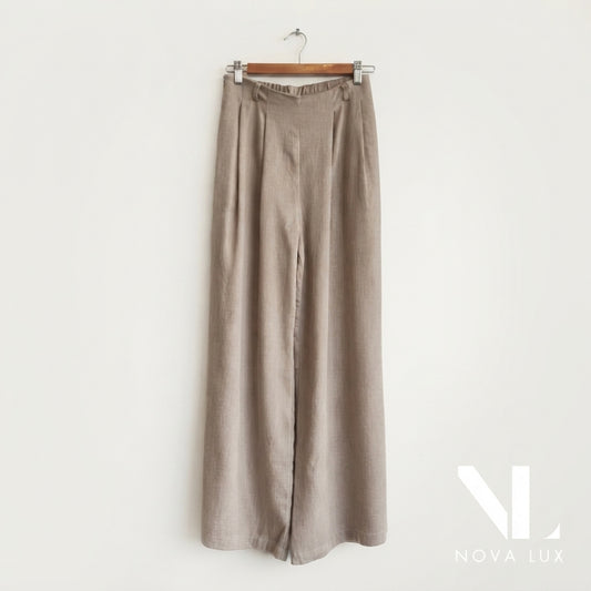 Oatmeal TENCEL™ wool blend wide leg pants with belt by Nova Lux