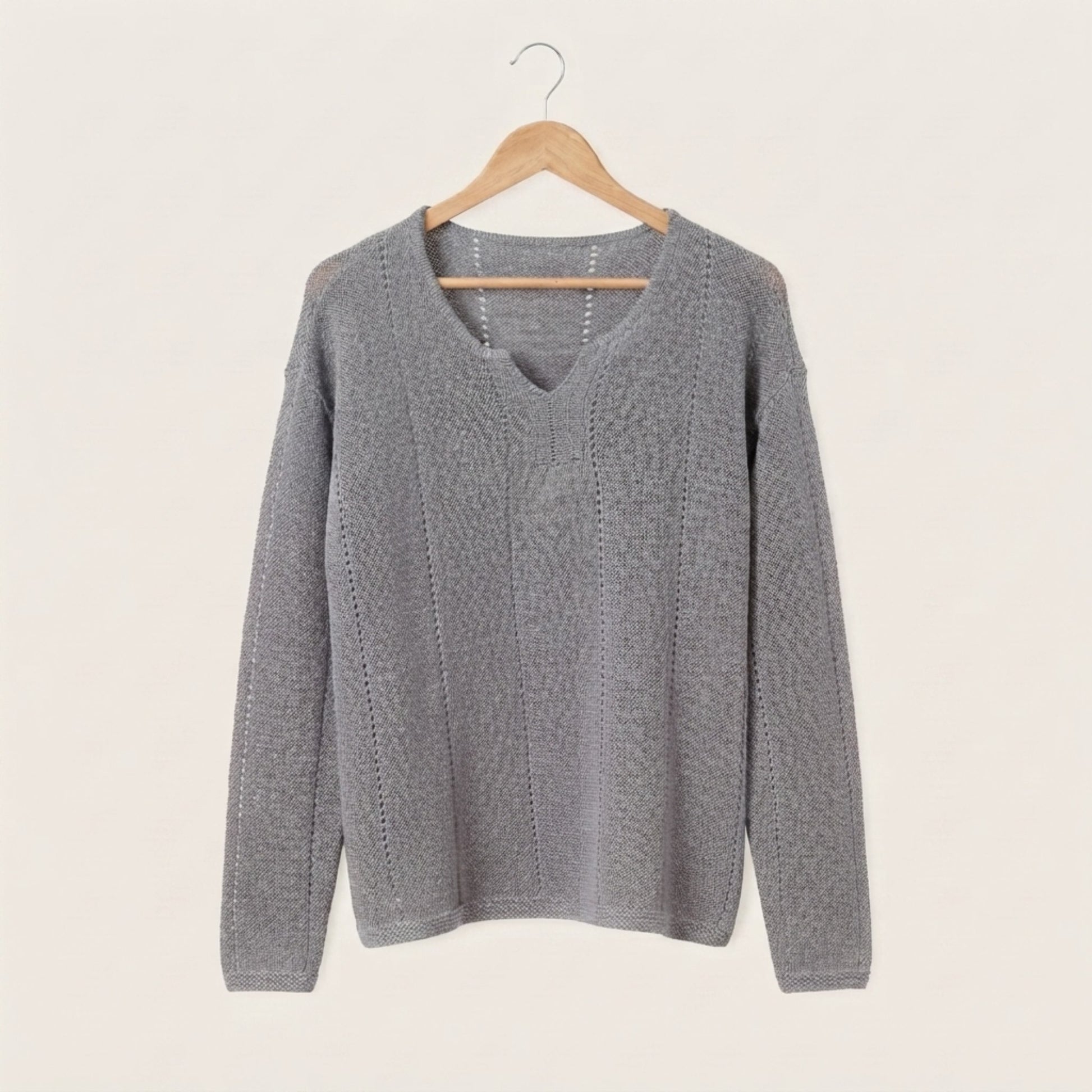 Grey linen knit top front view