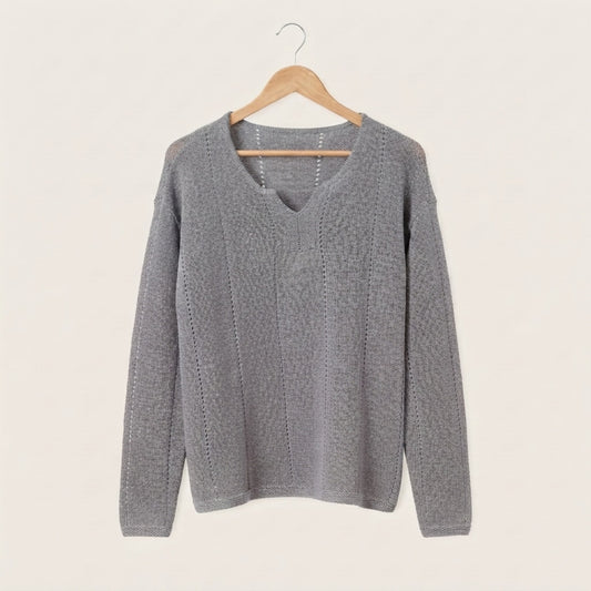 Grey linen knit top front view