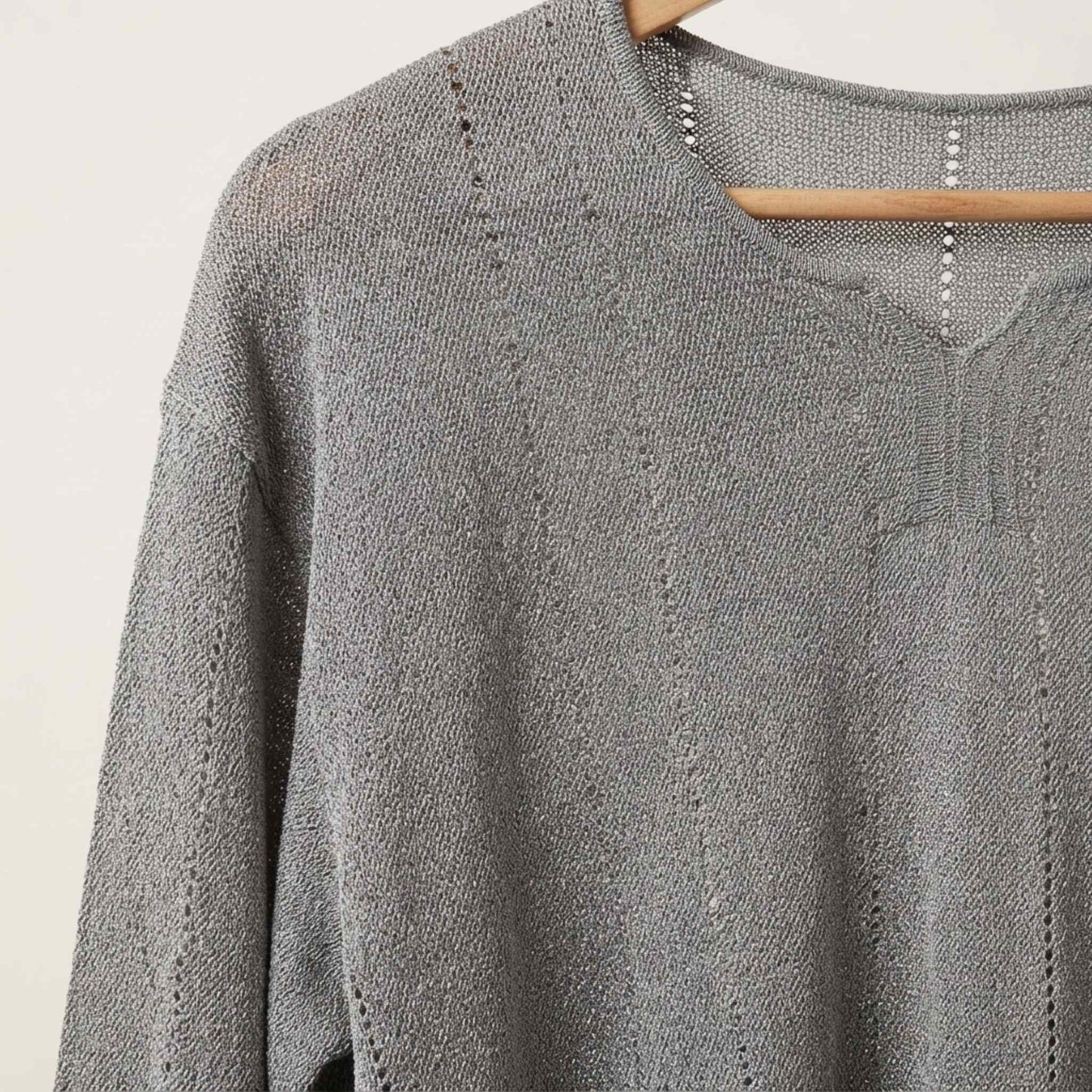Grey linen knit top neckline detail