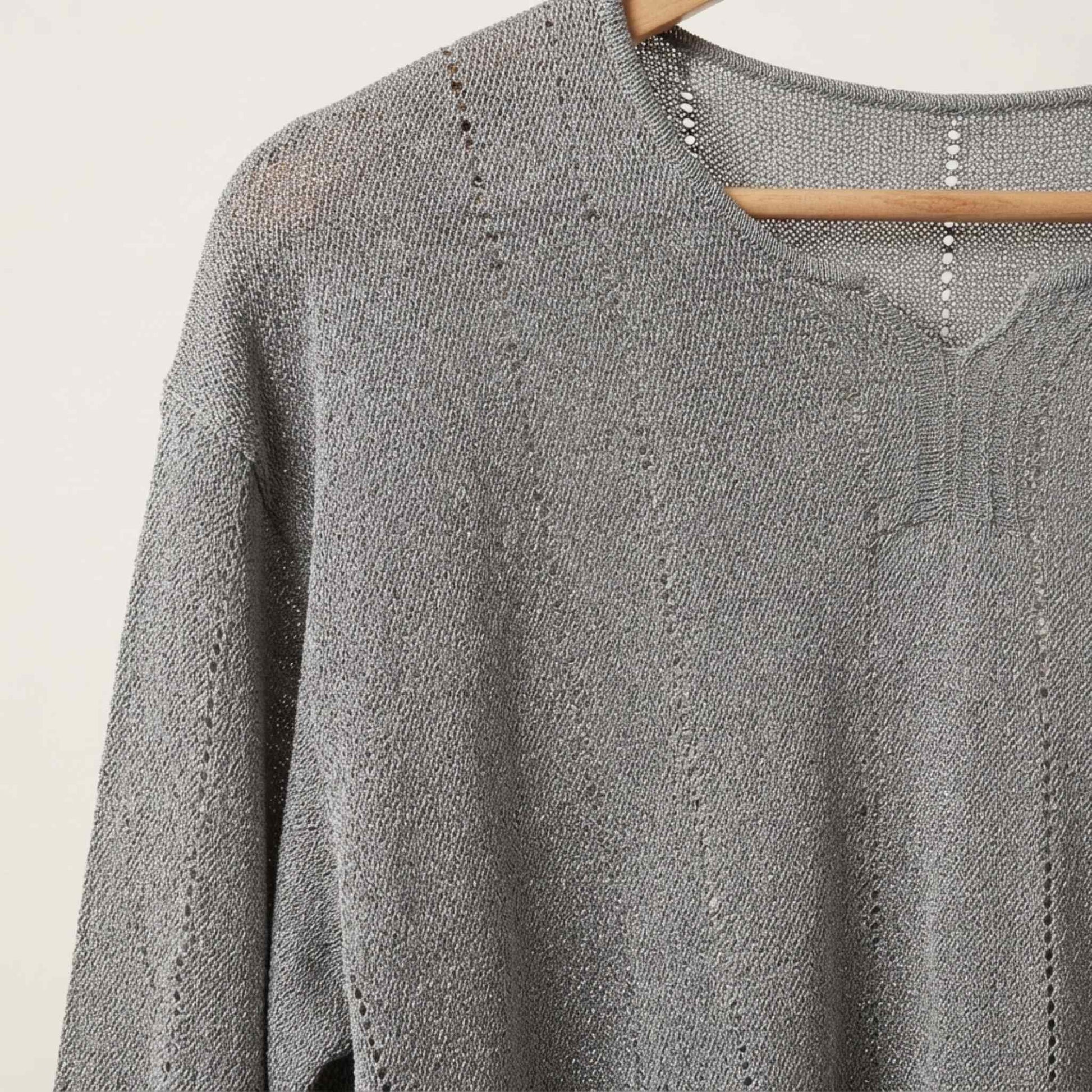 Grey linen knit top neckline detail