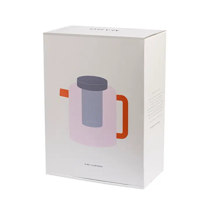 White packaging box featuring an illustration of the Pink Flamingo Cha Pot with pink body, grey infuser, and orange handle on a white background