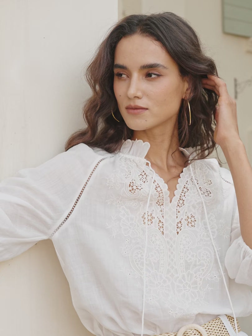 “Flowy white embroidered shorts shown on a model outdoors, highlighting its breezy summer look and comfortable bohemian style.”