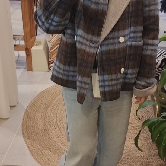 Blue plaid wool coat styled with denim jeans