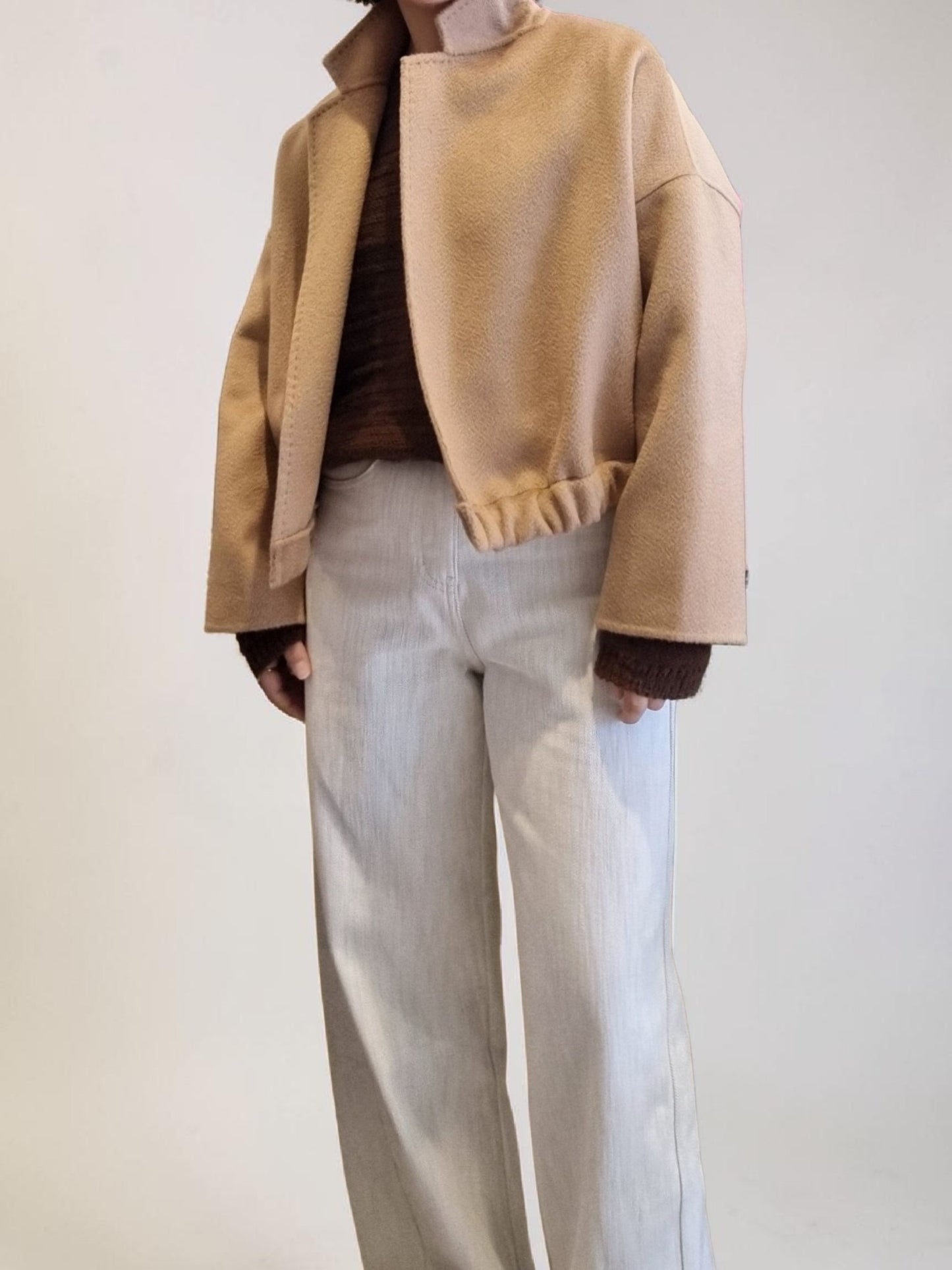 Camel wool open-front jacket outfit styling