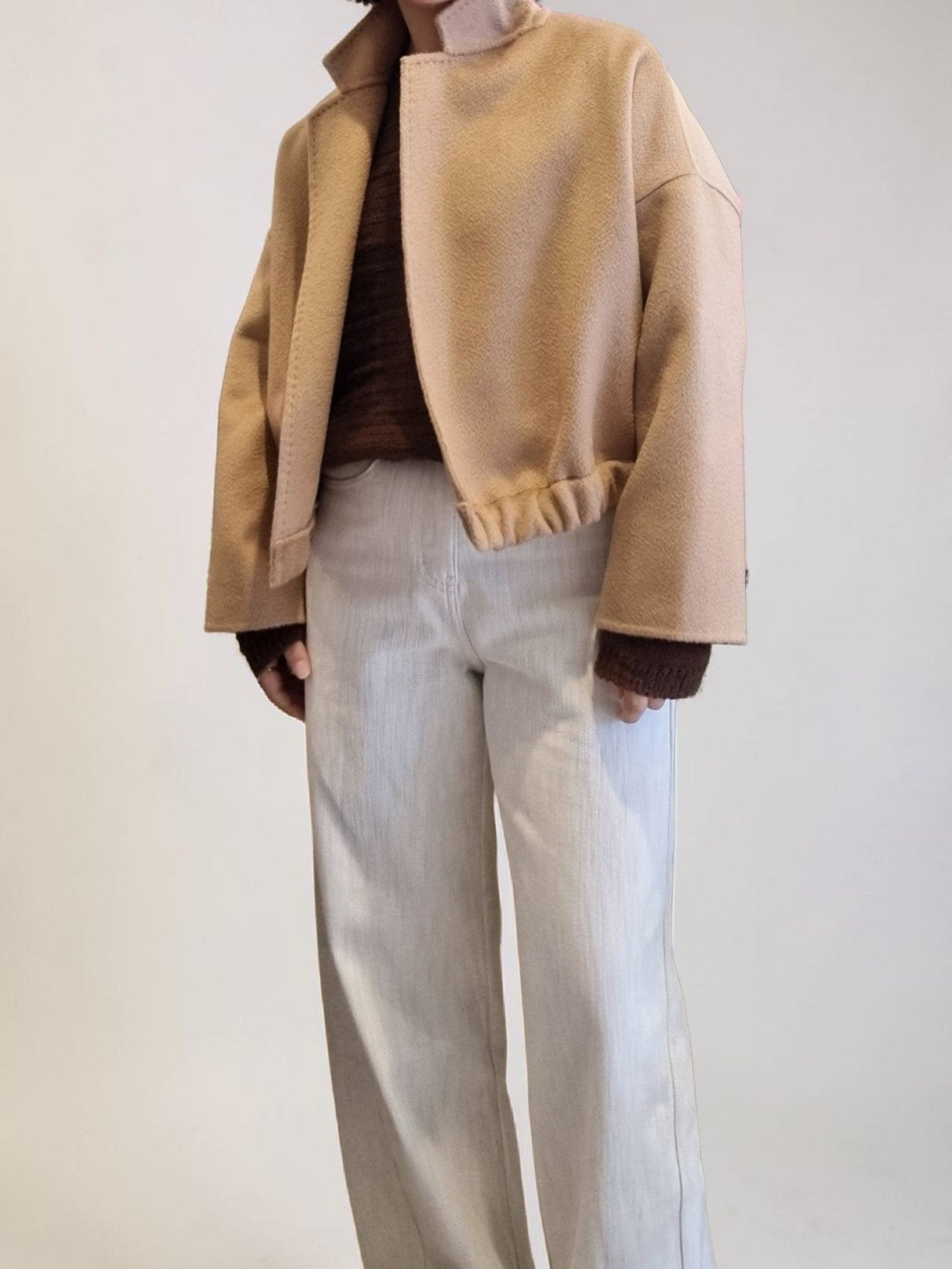 Camel wool open-front jacket outfit styling