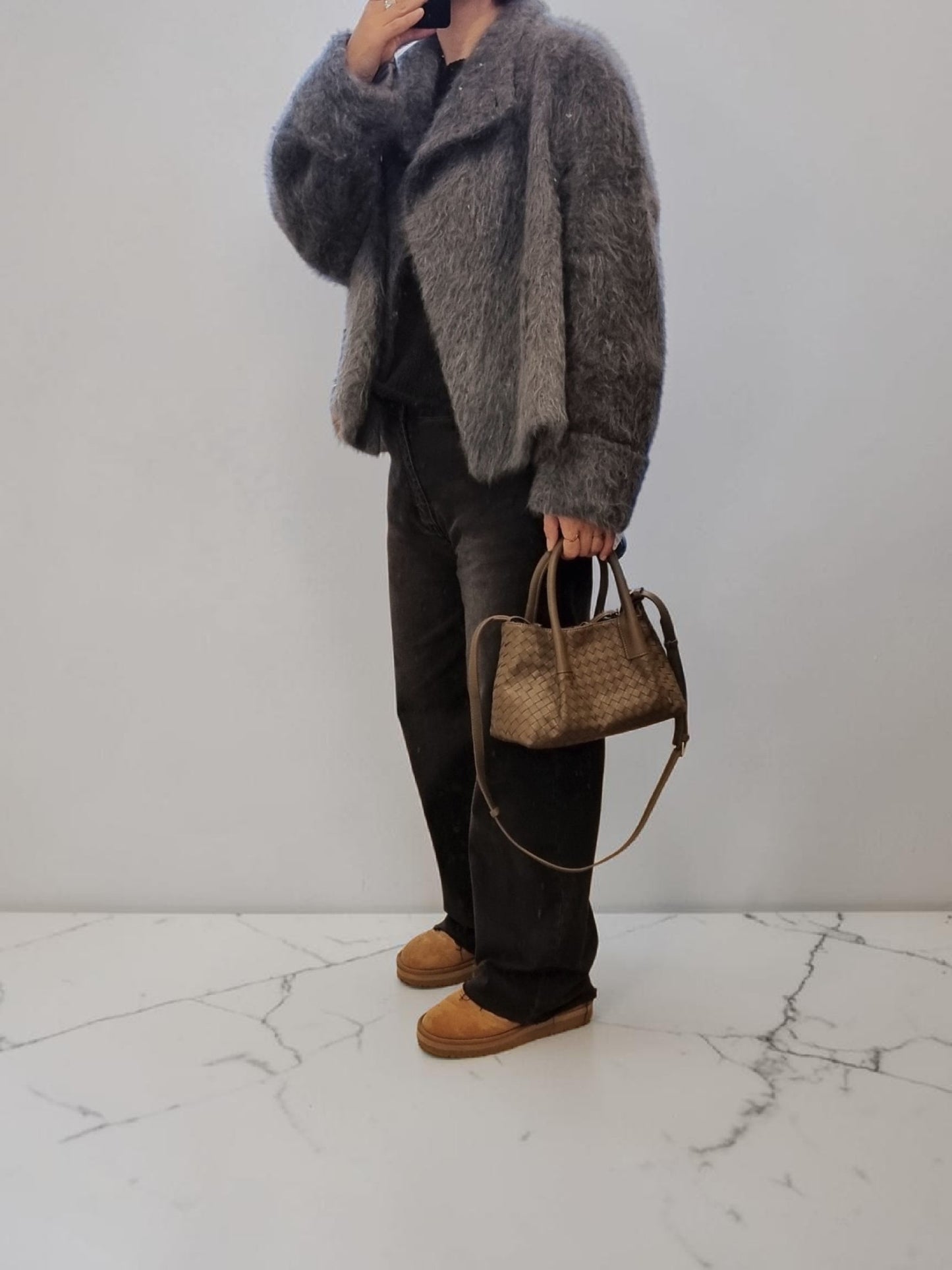 Women’s grey wool cashmere blend jacket outfit