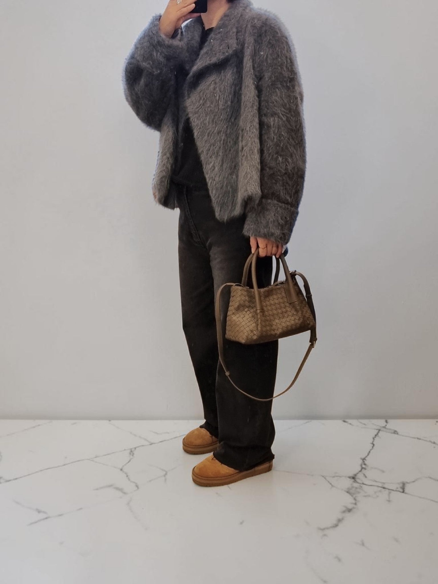 Women’s grey wool cashmere blend jacket outfit