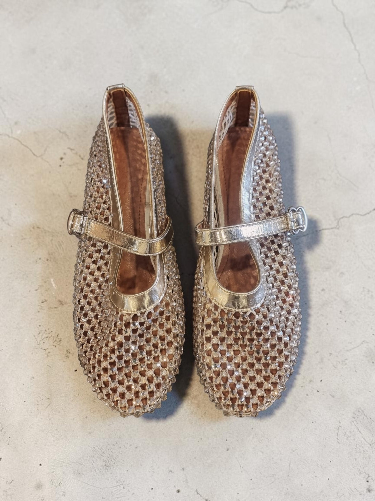 Crystal Leather Mary Jane Flats – Gold