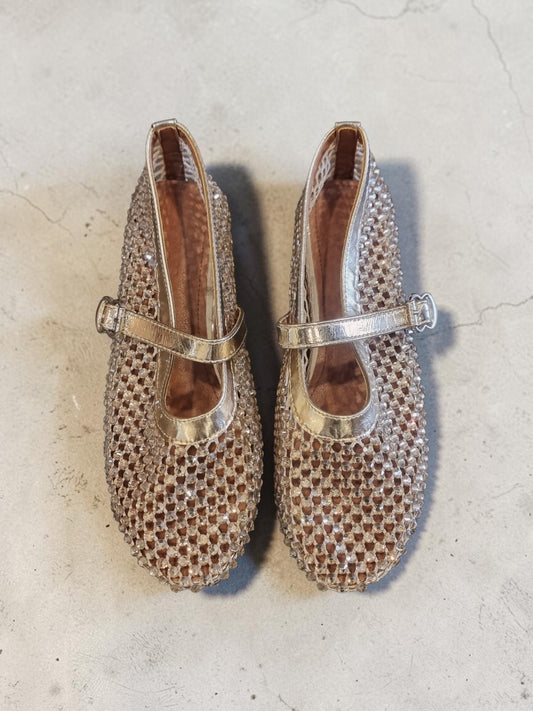 Crystal Leather Mary Jane Flats – Gold