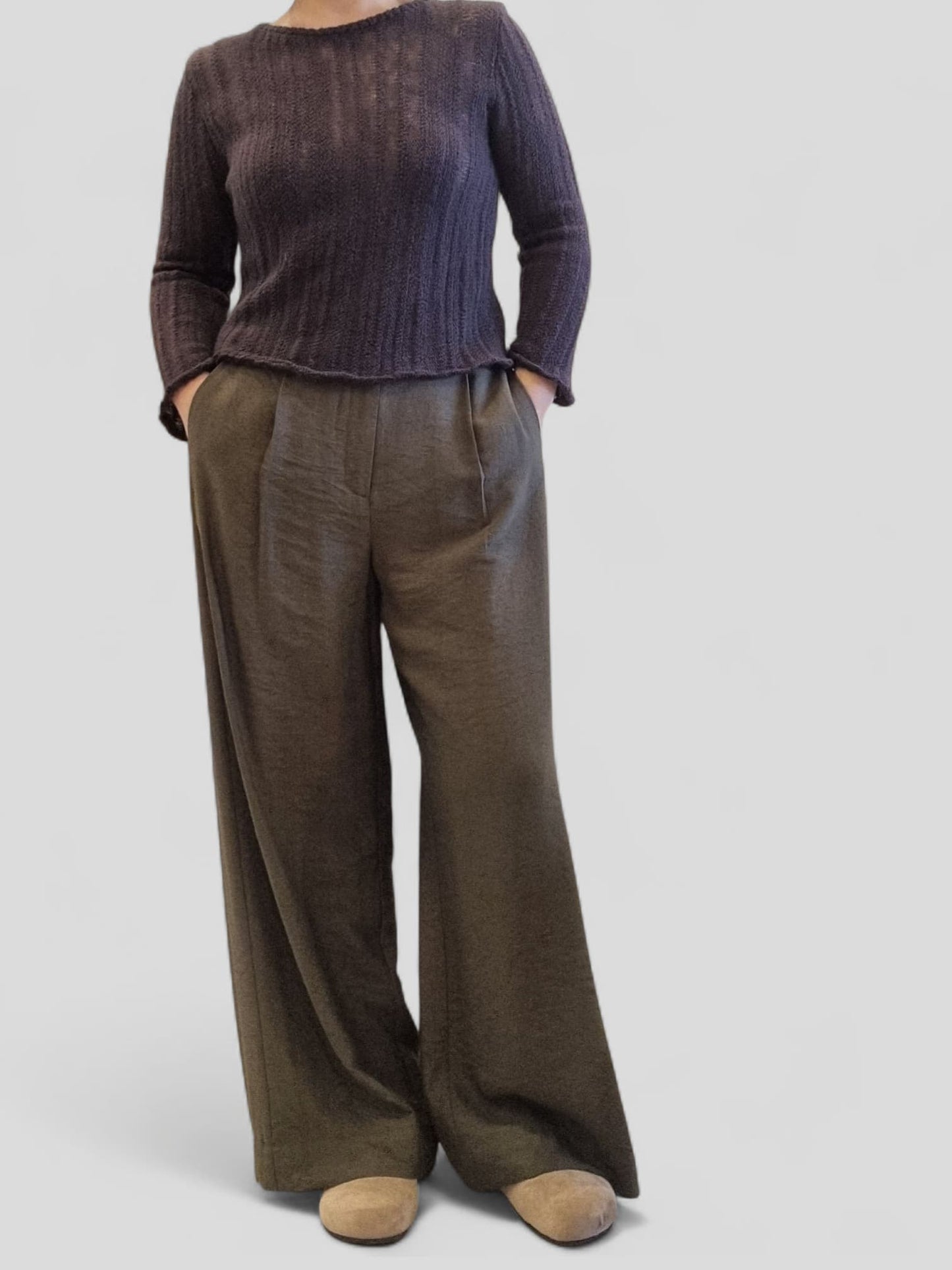 Front view of straight khaki wide-leg pants on model