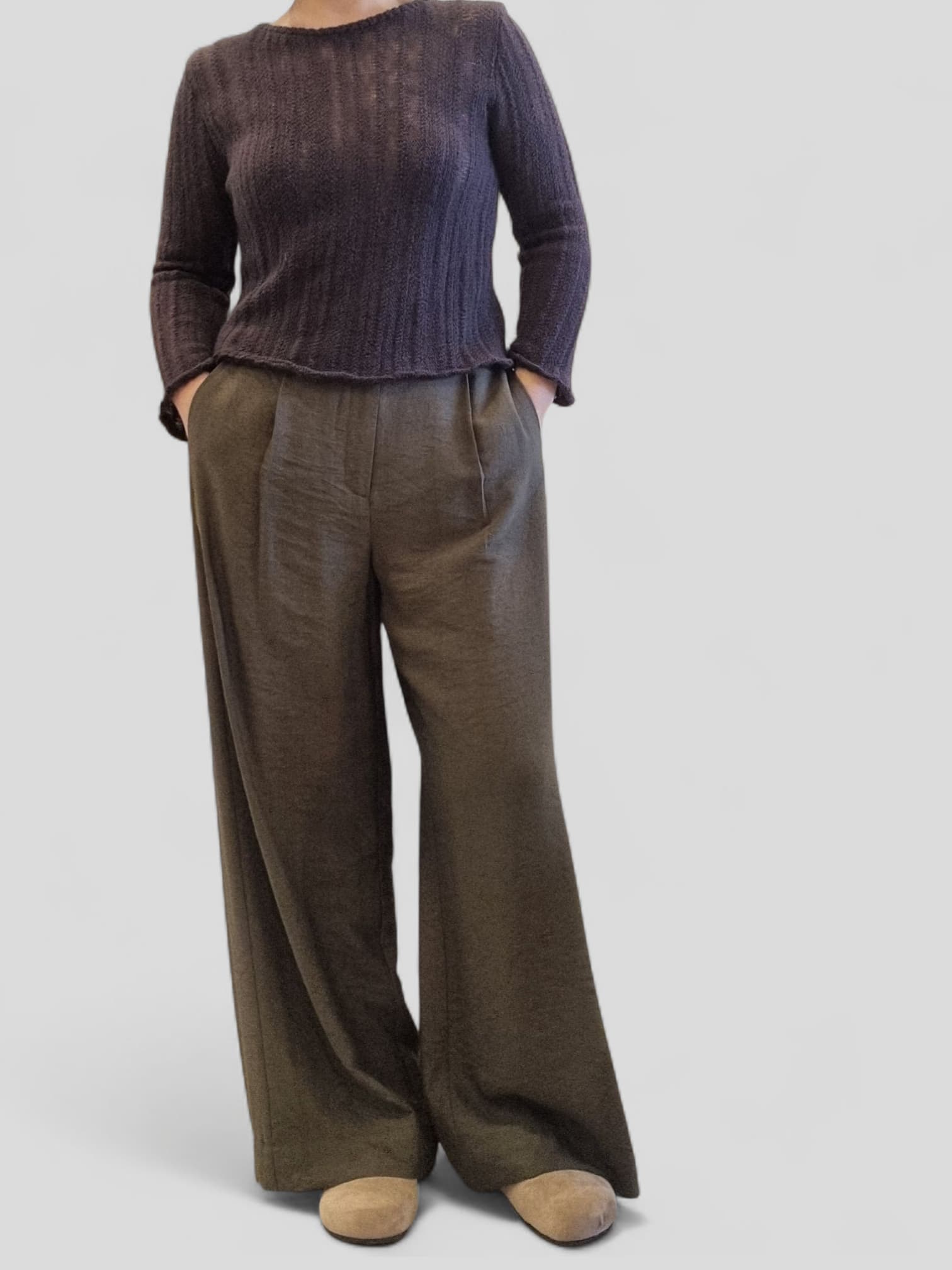 Front view of straight khaki wide-leg pants on model