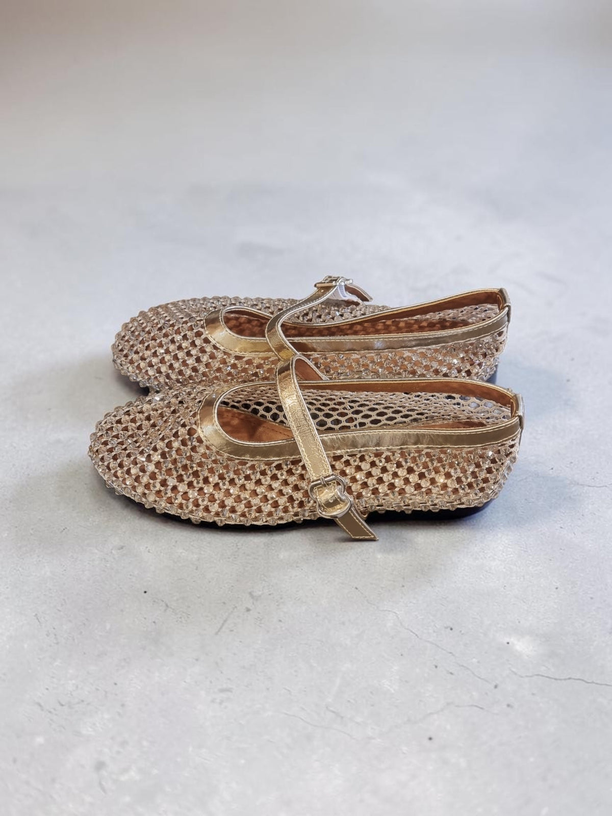 Crystal Leather Mary Jane Flats – Gold