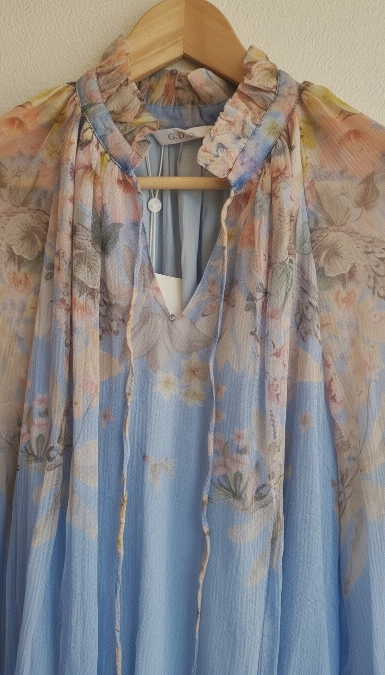 Neck detail on the Luna Printed 100% Silk Blouse.