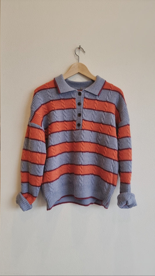 striped knit polo sweater front view on hanger