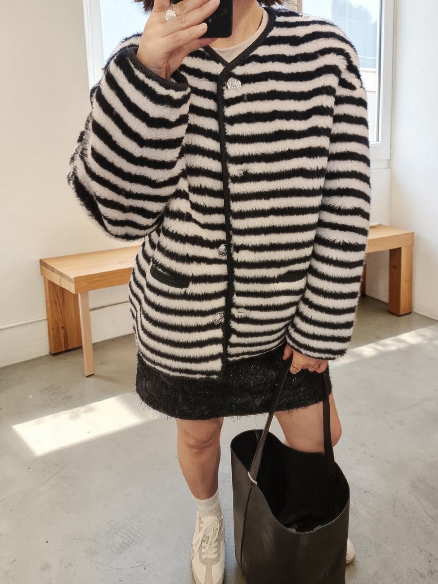 Black and white striped oversized wool jacket front view