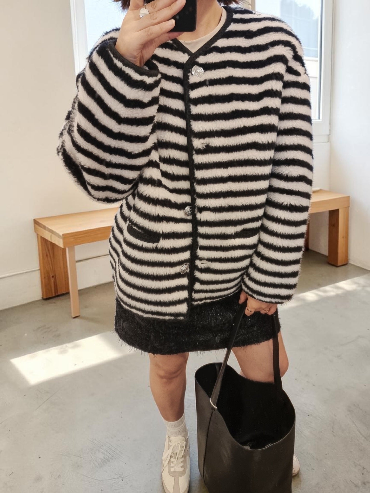 Black and white striped oversized wool jacket front view