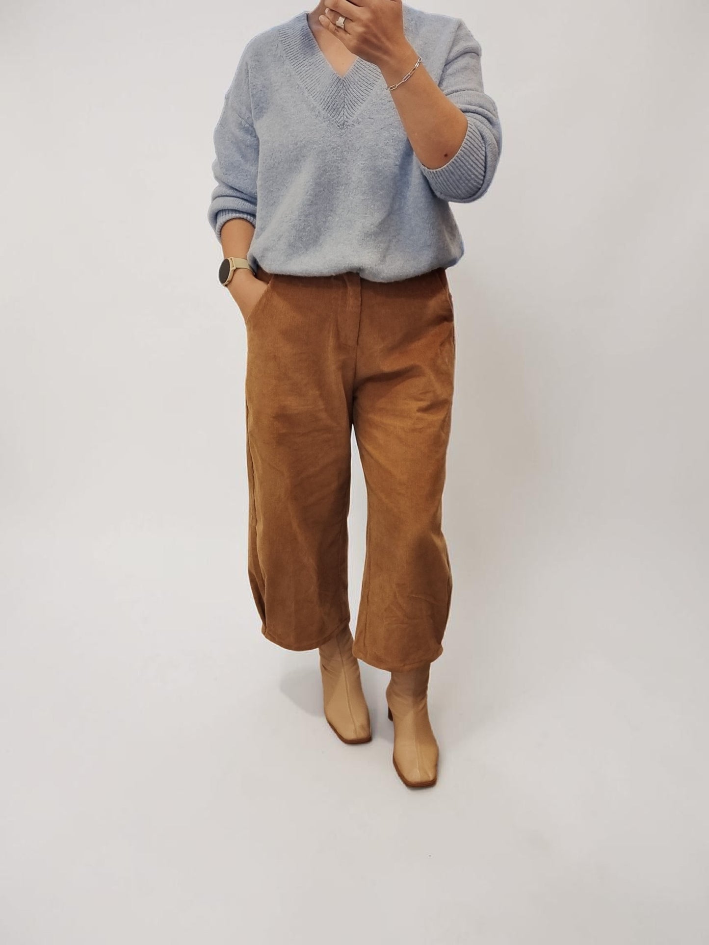 Baby blue wool blend knit sweater front view