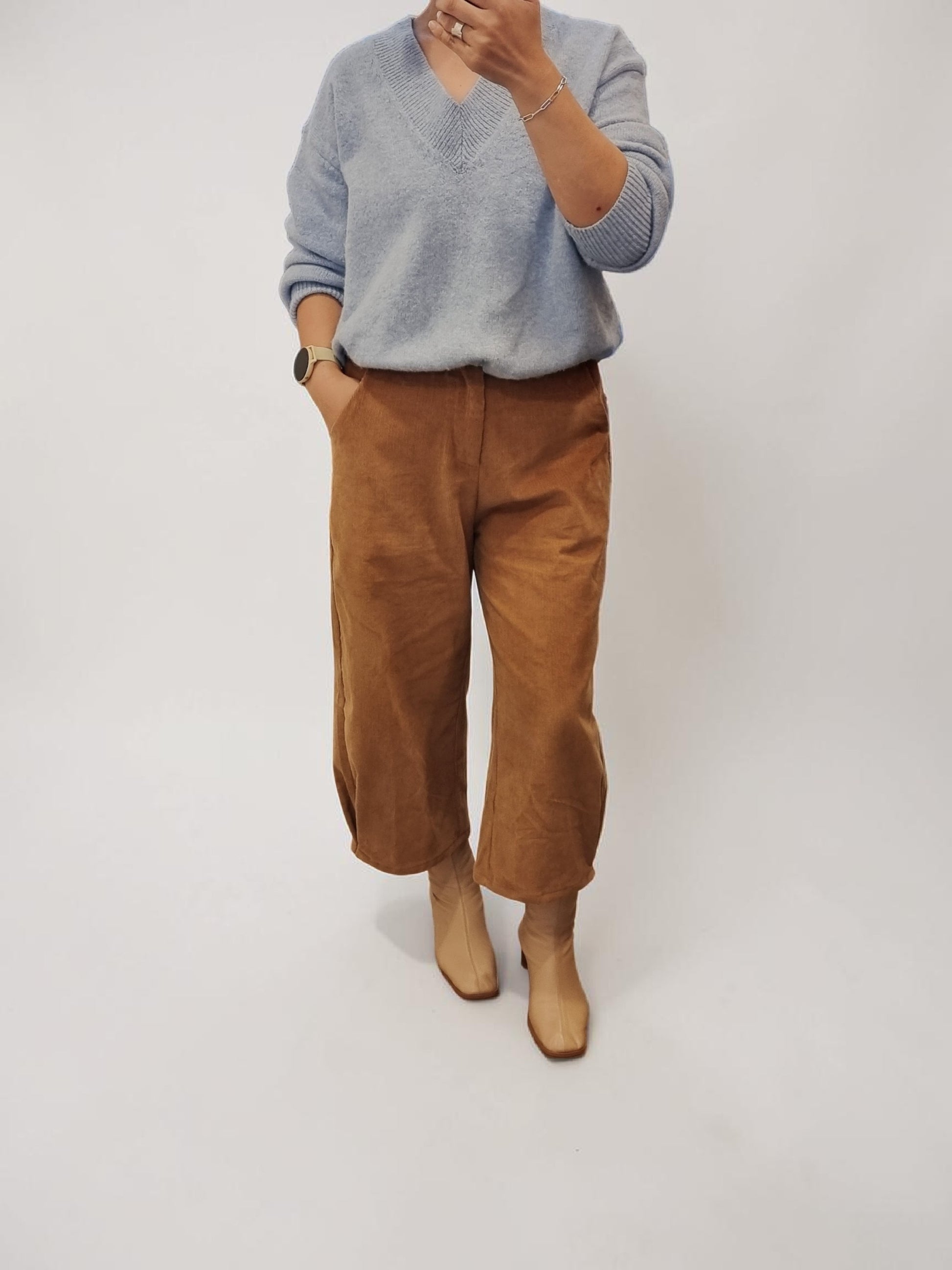 Baby blue wool blend knit sweater front view
