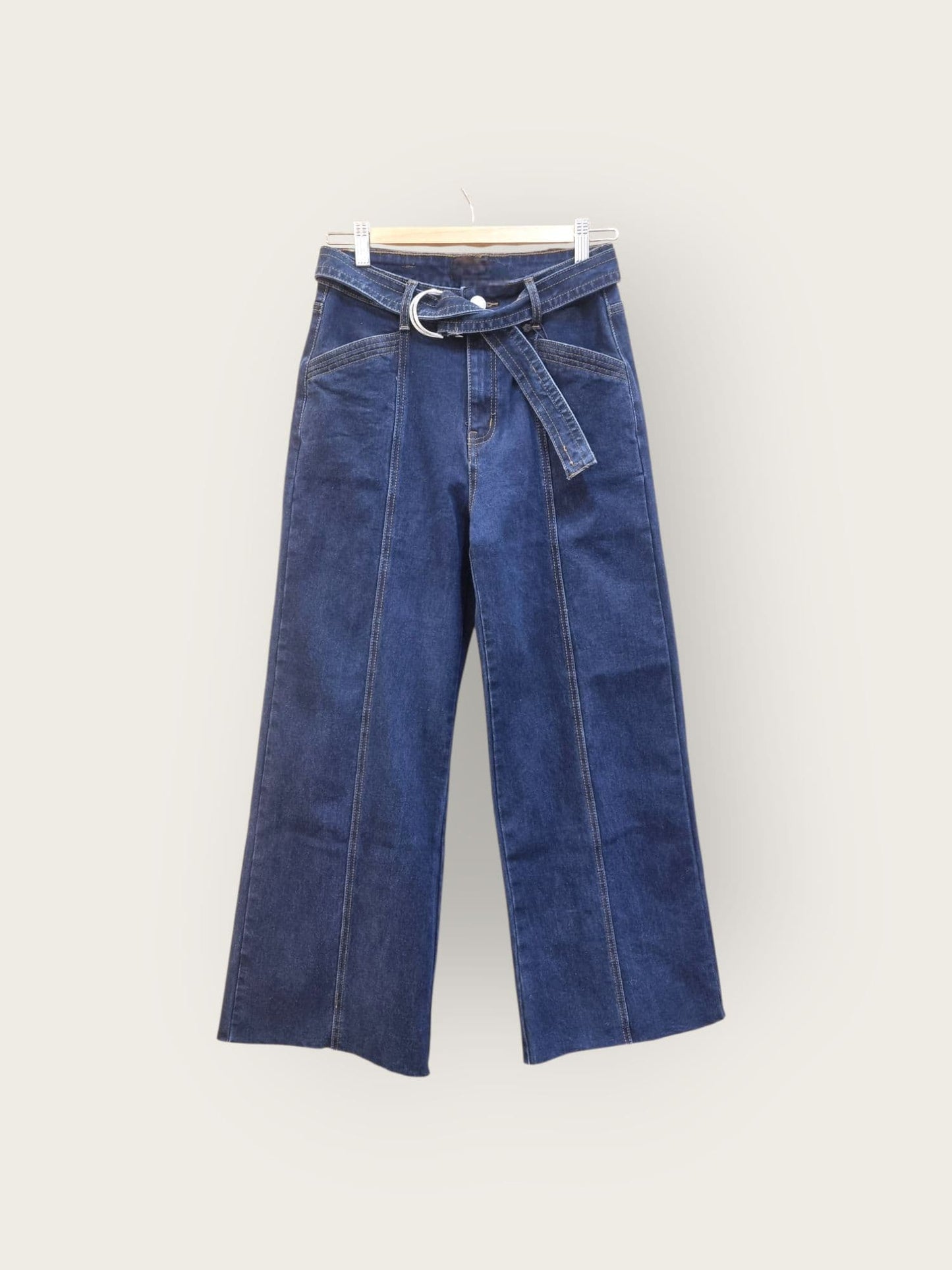 “Dark Jean full front view – high-waisted wide-leg denim with detachable belt”