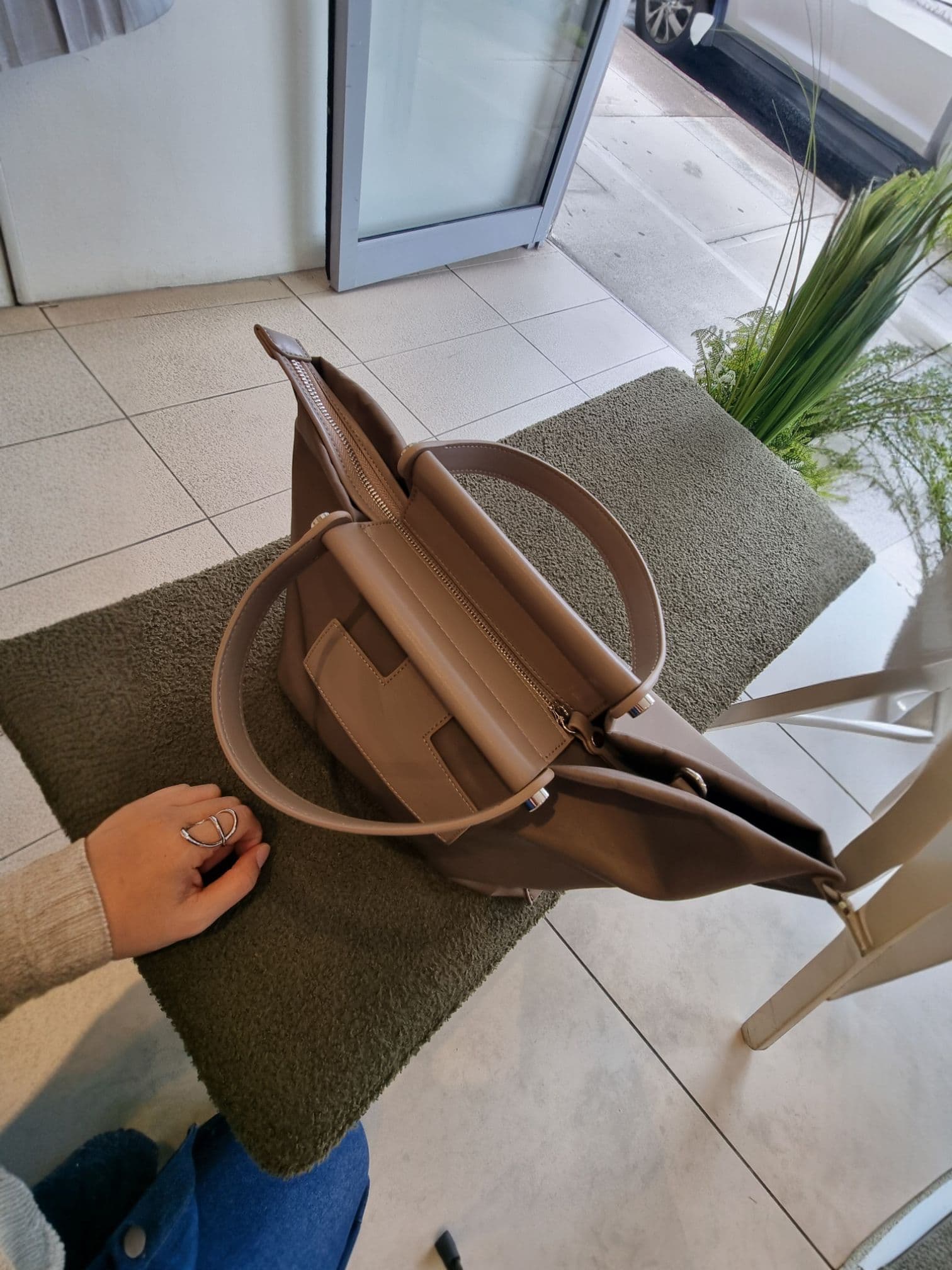 Side view of the EB brown bag showing structure and silhouette.