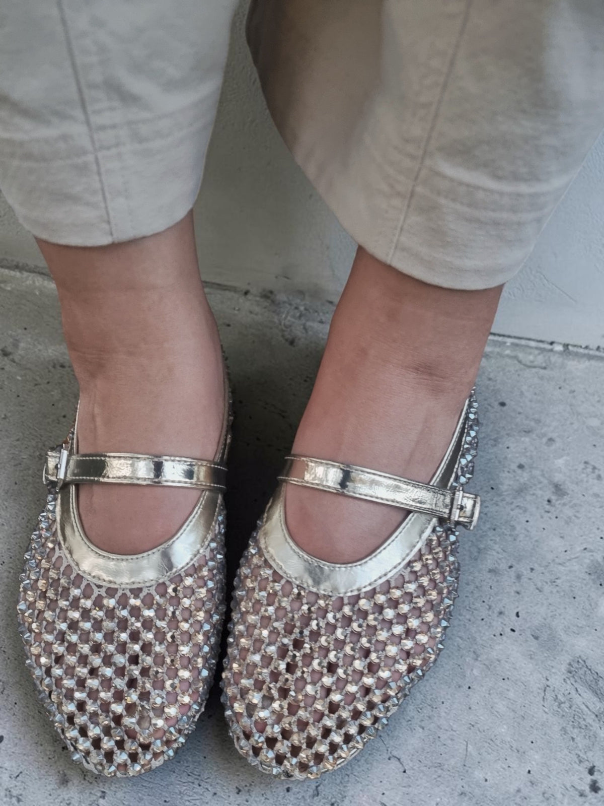 Crystal Leather Mary Jane Flats – Gold
