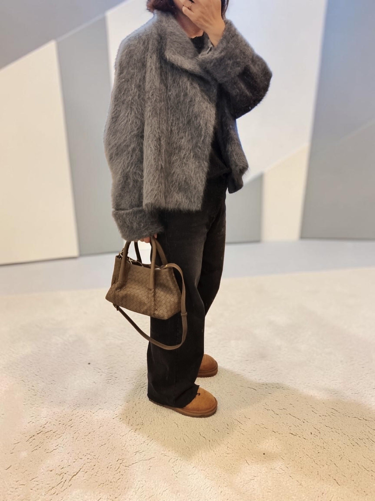 Lightweight grey wool jacket side view
