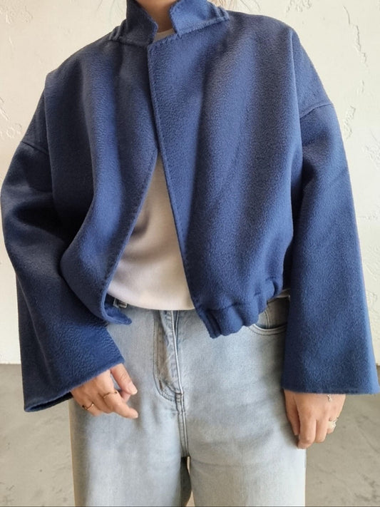 Cobalt blue wool short jacket front view